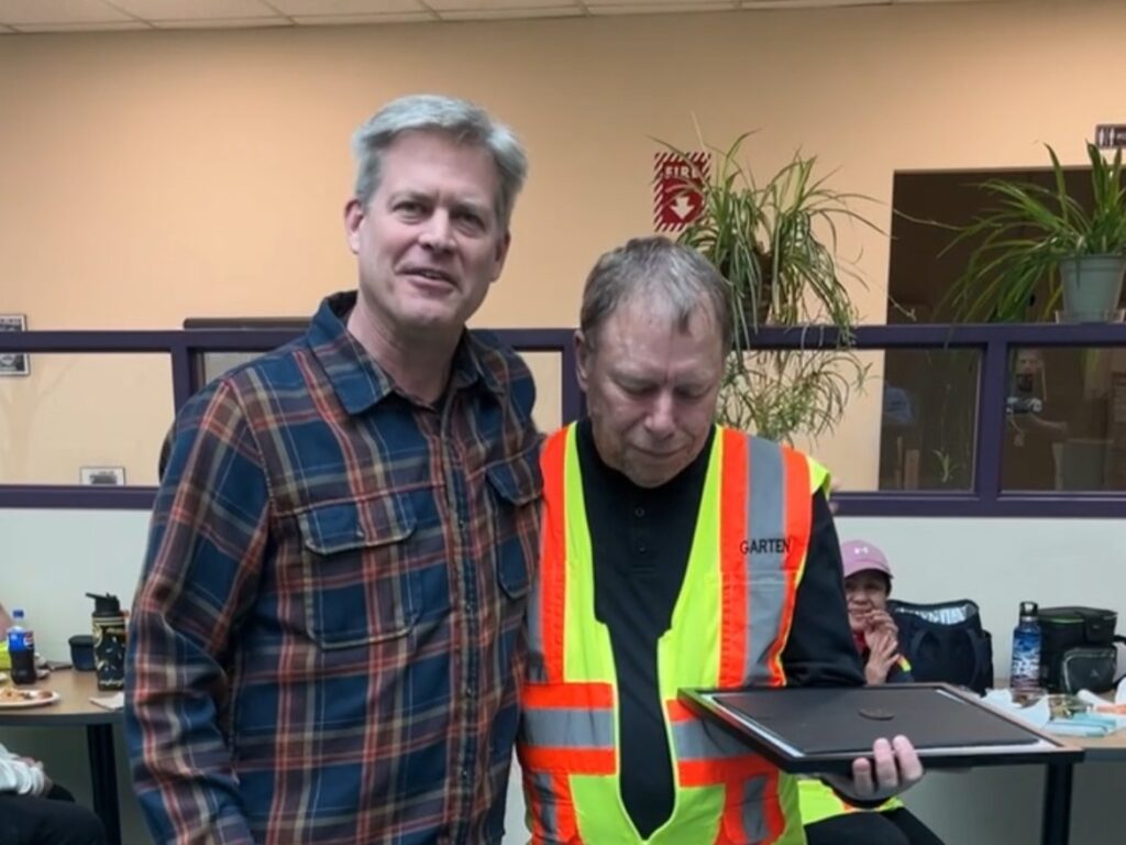 Pete Grell getting recognition for his 28 years of work with Garten in our Electronics Recycling Department. 